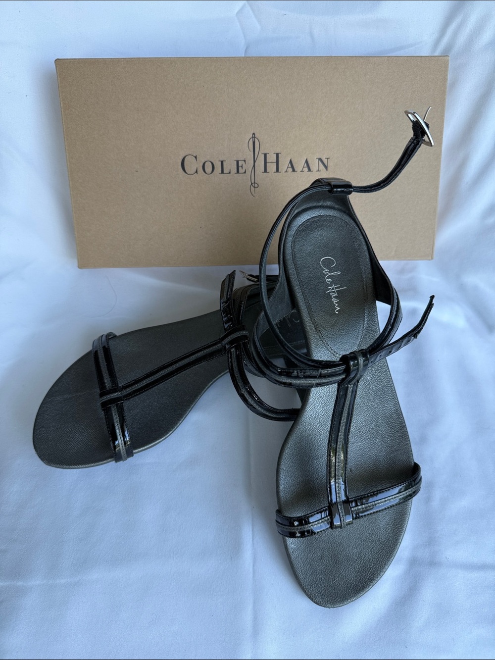 Cole Haan NikeAir Black Patent Strappy Ankle-Tie Sandals, Size 9